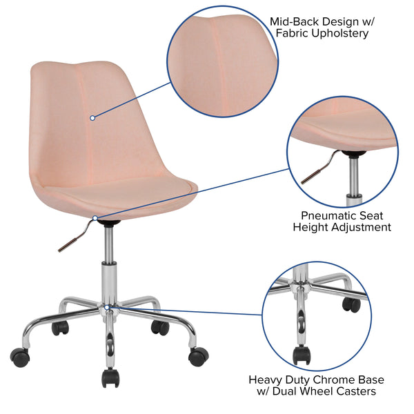 Pink |#| Mid-Back Pink Fabric Task Office Chair with Pneumatic Lift and Chrome Base
