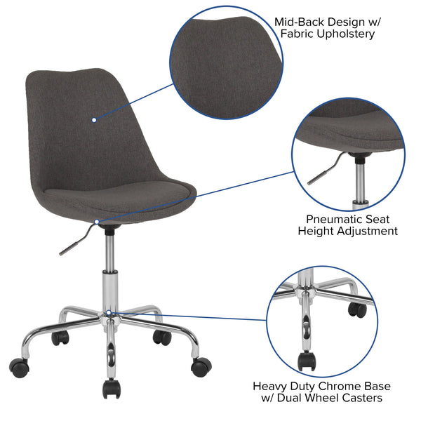 Dark Gray |#| Mid-Back Dark Gray Fabric Task Office Chair with Pneumatic Lift and Chrome Base
