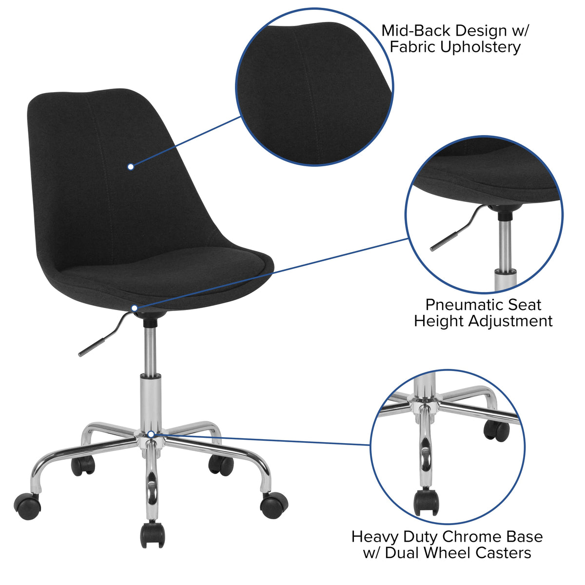 Black |#| Mid-Back Black Fabric Task Office Chair with Pneumatic Lift and Chrome Base