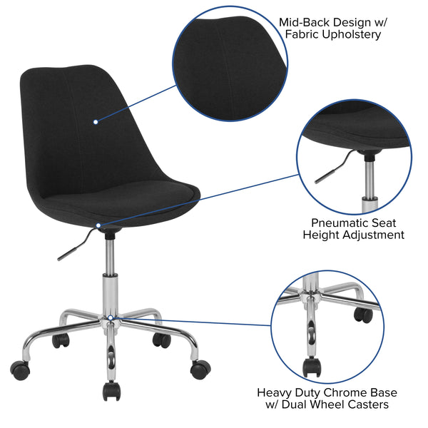Black |#| Mid-Back Black Fabric Task Office Chair with Pneumatic Lift and Chrome Base