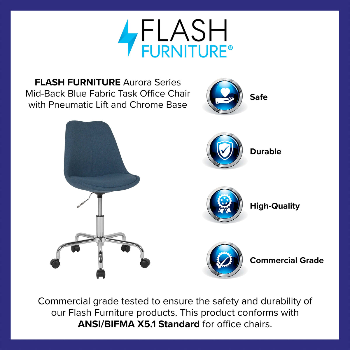 Blue |#| Mid-Back Blue Fabric Task Office Chair with Pneumatic Lift and Chrome Base