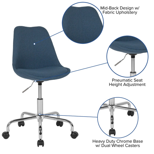 Blue |#| Mid-Back Blue Fabric Task Office Chair with Pneumatic Lift and Chrome Base