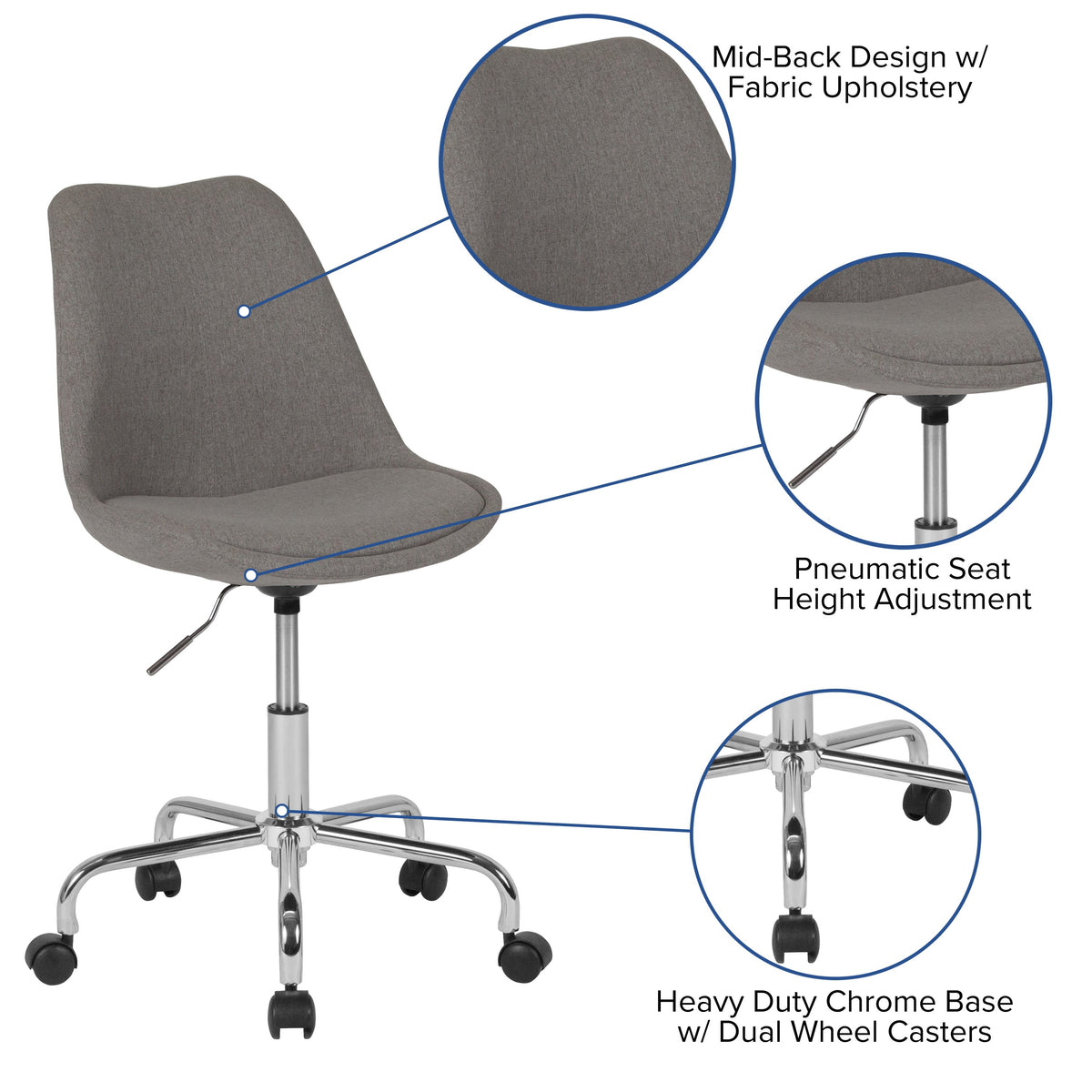 Light Gray |#| Mid-Back Light Gray Fabric Task Office Chair with Pneumatic Lift and Chrome Base