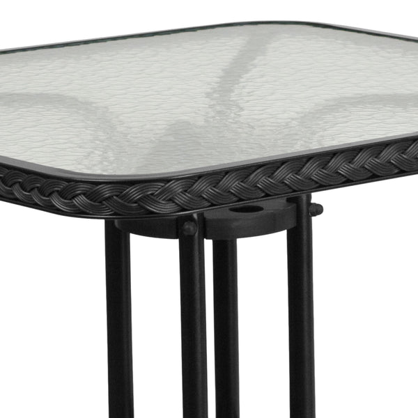 Clear/Black Rattan |#| 28inch Square Tempered Glass Metal Table with Black Rattan Edging