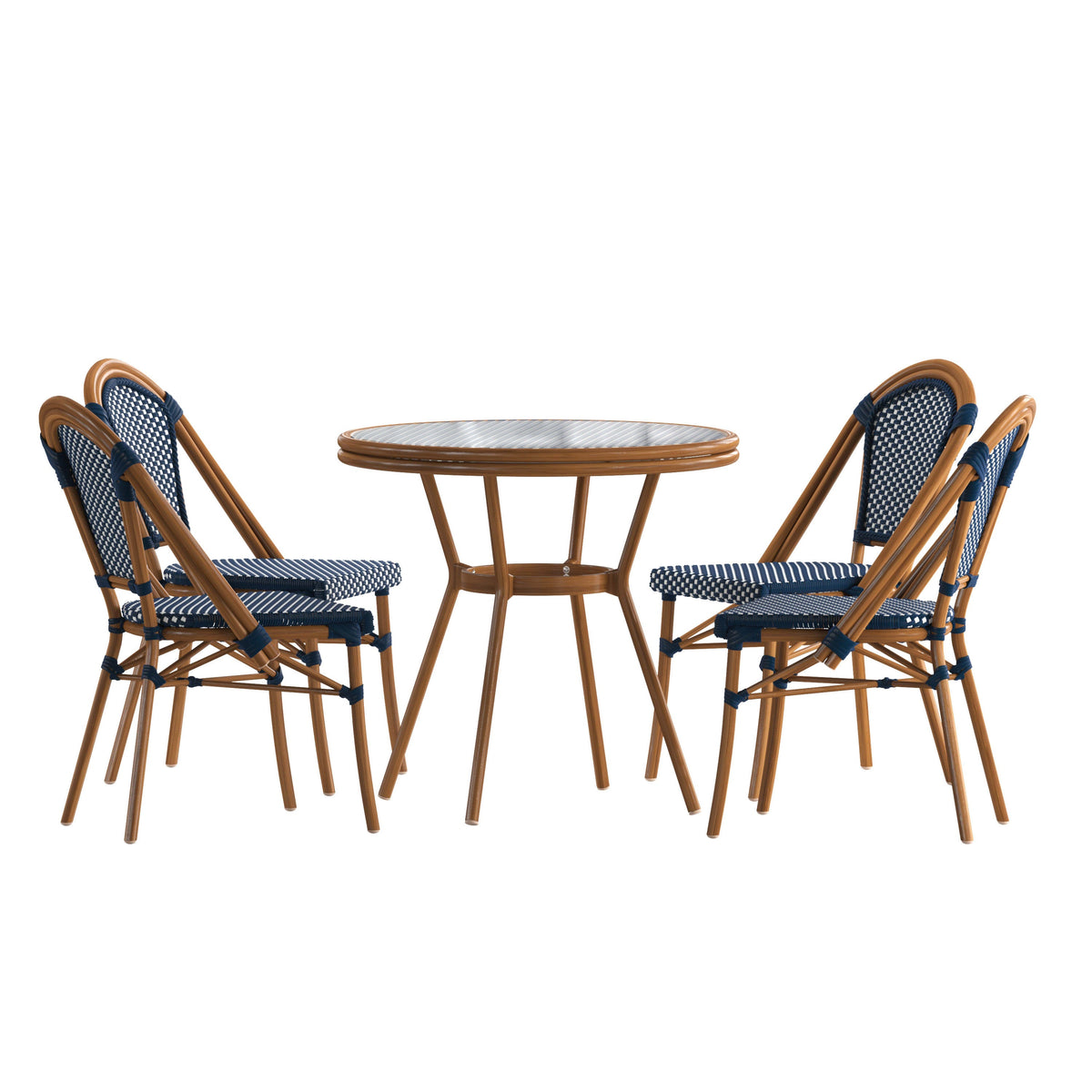 Navy & White Rattan/Natural Frame |#| Indoor/Outdoor Commercial Bistro Set with Table and 4 Chairs in Navy/Wht