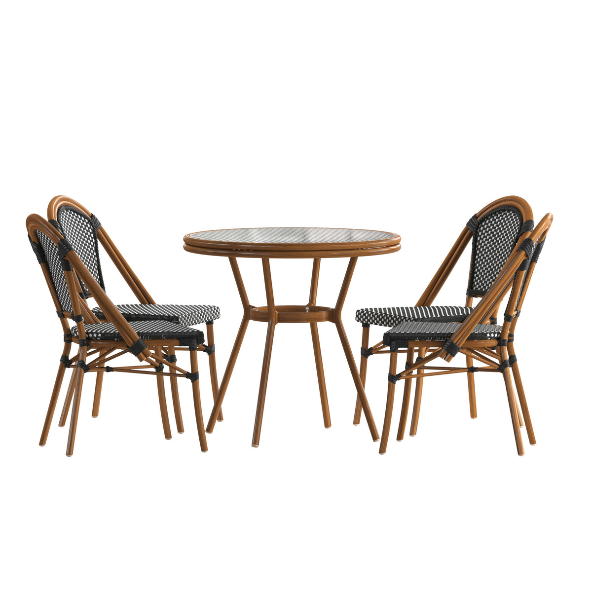 Black & White Rattan/Natural Frame |#| Indoor/Outdoor Commercial Bistro Set with Table and 4 Chairs in Blk/Wht