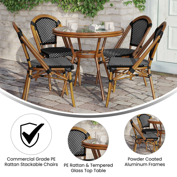 Black & White Rattan/Natural Frame |#| Indoor/Outdoor Commercial Bistro Set with Table and 4 Chairs in Blk/Wht