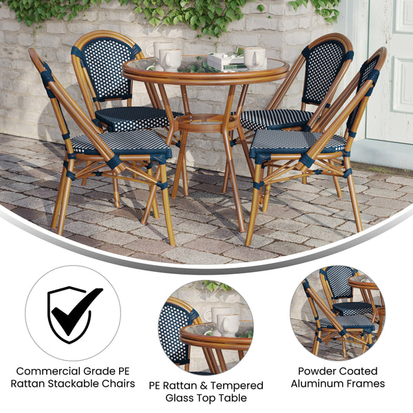 Navy & White Rattan/Natural Frame |#| Indoor/Outdoor Commercial Bistro Set with Table and 4 Chairs in Navy/Wht