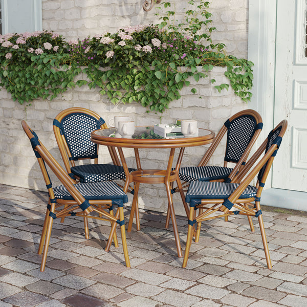 Navy & White Rattan/Natural Frame |#| Indoor/Outdoor Commercial Bistro Set with Table and 4 Chairs in Navy/Wht