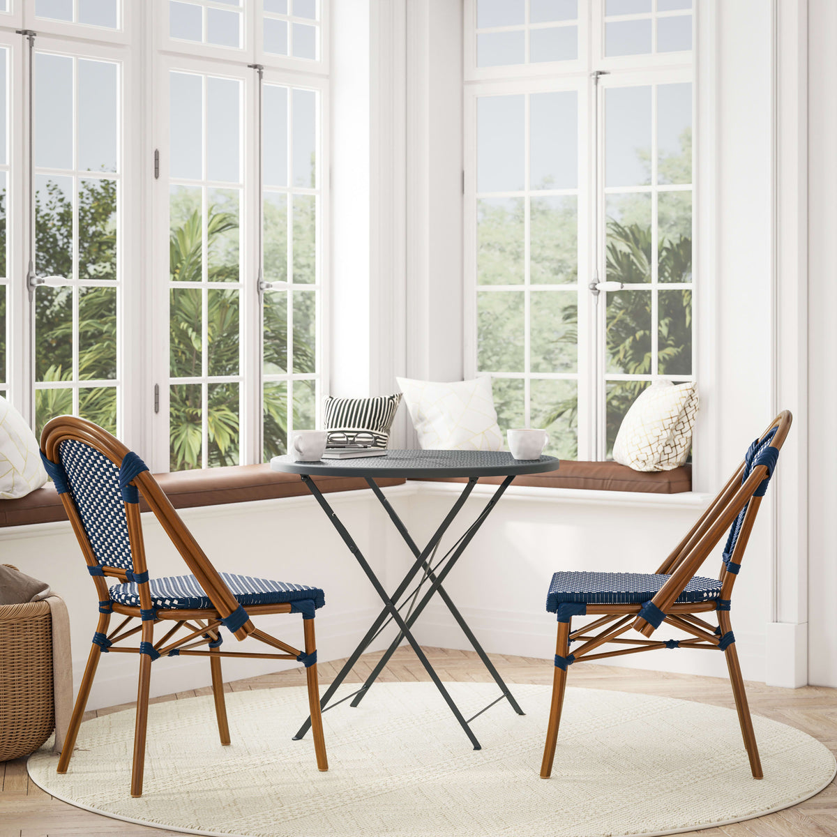 Navy & White/Natural Frame |#| All-Weather Commercial Paris Chair with Bamboo Print Aluminum Frame-Navy/White