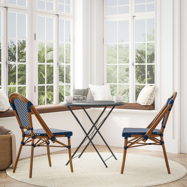 Navy & White/Natural Frame |#| All-Weather Commercial Paris Chair with Bamboo Print Aluminum Frame-Navy/White