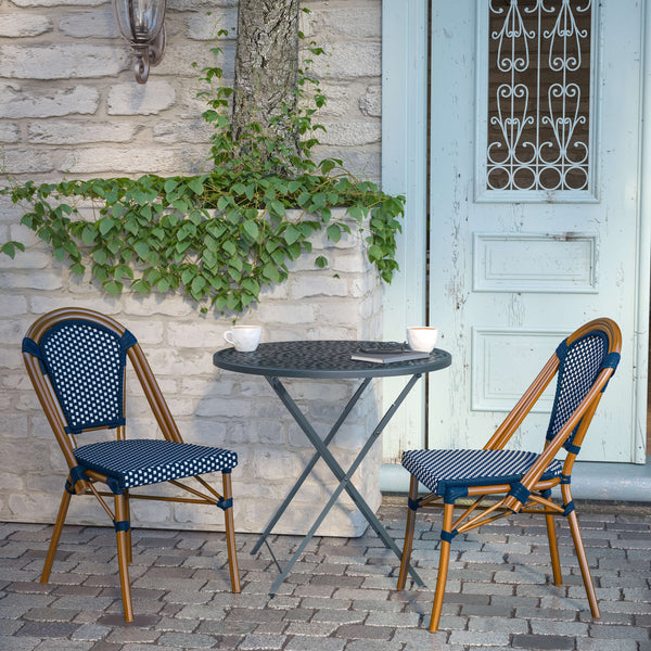 Navy & White/Natural Frame |#| All-Weather Commercial Paris Chair with Bamboo Print Aluminum Frame-Navy/White