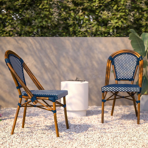 Navy & White/Natural Frame |#| All-Weather Commercial Paris Chair with Bamboo Print Aluminum Frame-Navy/White