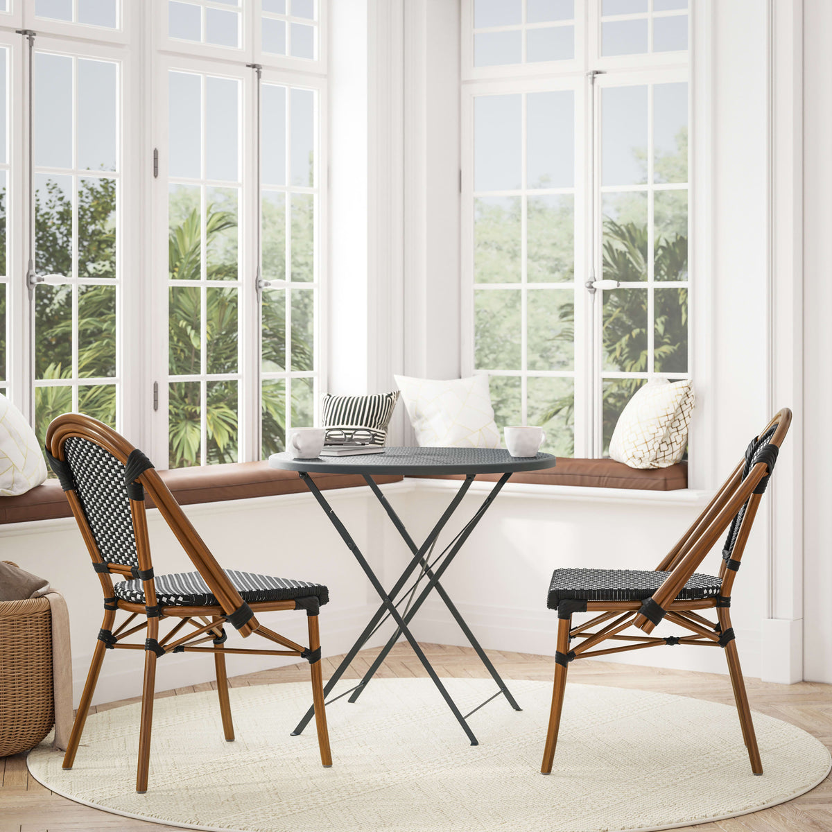 Black & White/Natural Frame |#| All-Weather Commercial Paris Chair with Bamboo Print Aluminum Frame-Black/White