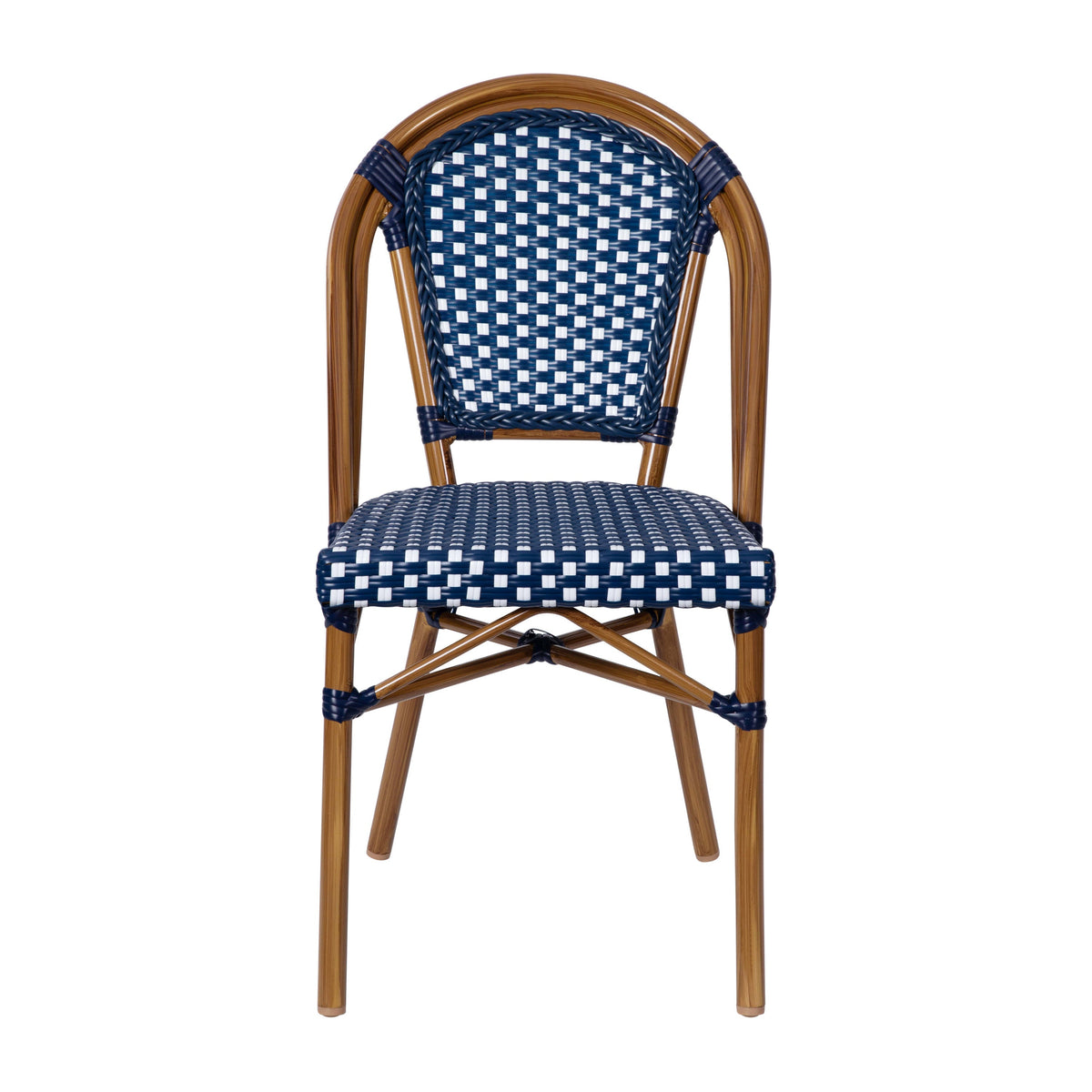 Navy & White/Natural Frame |#| All-Weather Commercial Paris Chair with Bamboo Print Aluminum Frame-Navy/White