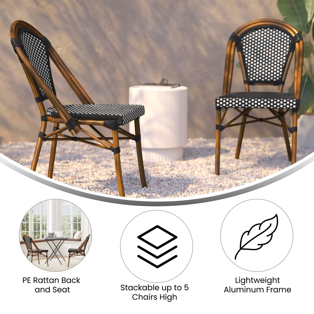 Black & White/Natural Frame |#| All-Weather Commercial Paris Chair with Bamboo Print Aluminum Frame-Black/White