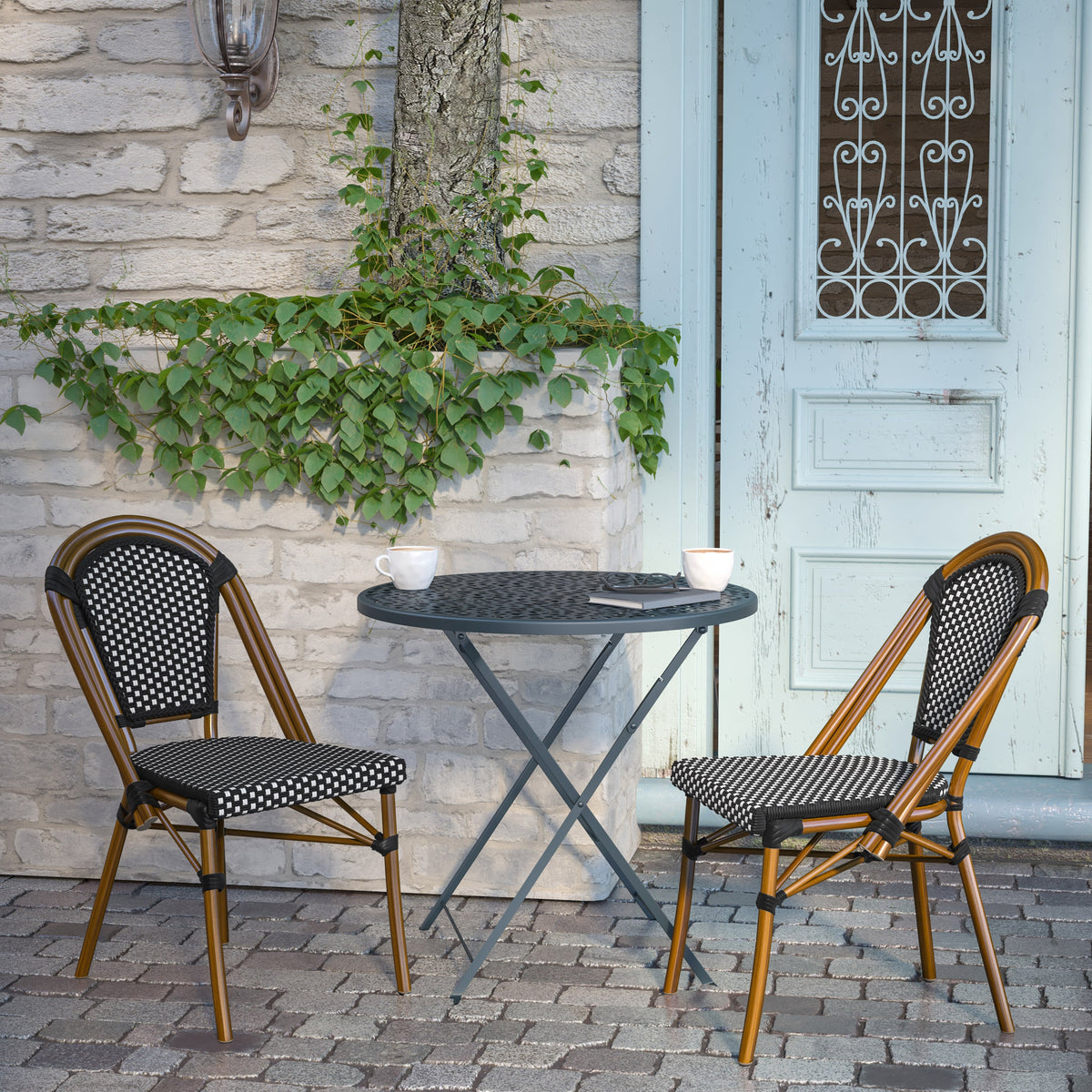 Black & White/Natural Frame |#| All-Weather Commercial Paris Chair with Bamboo Print Aluminum Frame-Black/White