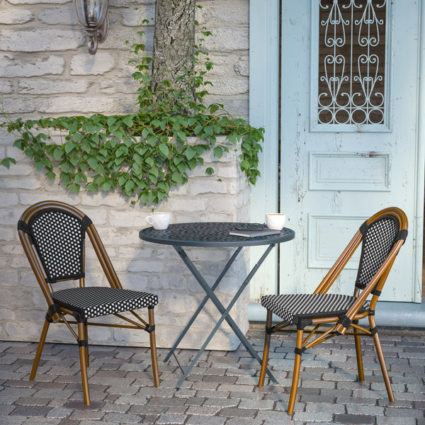 Black & White/Natural Frame |#| All-Weather Commercial Paris Chair with Bamboo Print Aluminum Frame-Black/White