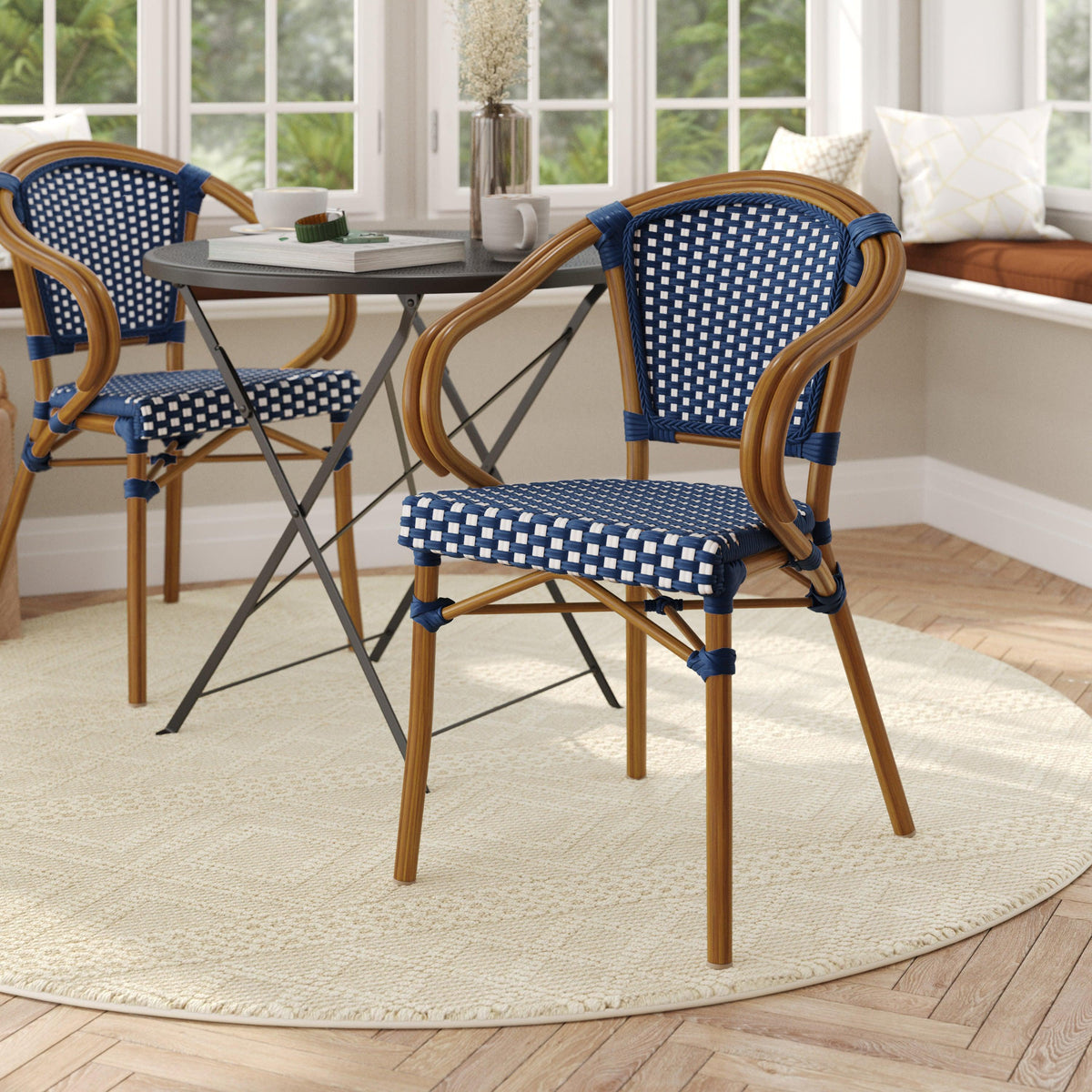 Navy & White/Natural Frame |#| All-Weather Commercial Paris Chair with Bamboo Print Metal Frame-Navy/White