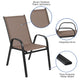 Brown |#| 5 Piece Patio Dining Set - 55" Glass Patio Table, 4 Brown Flex Stack Chairs