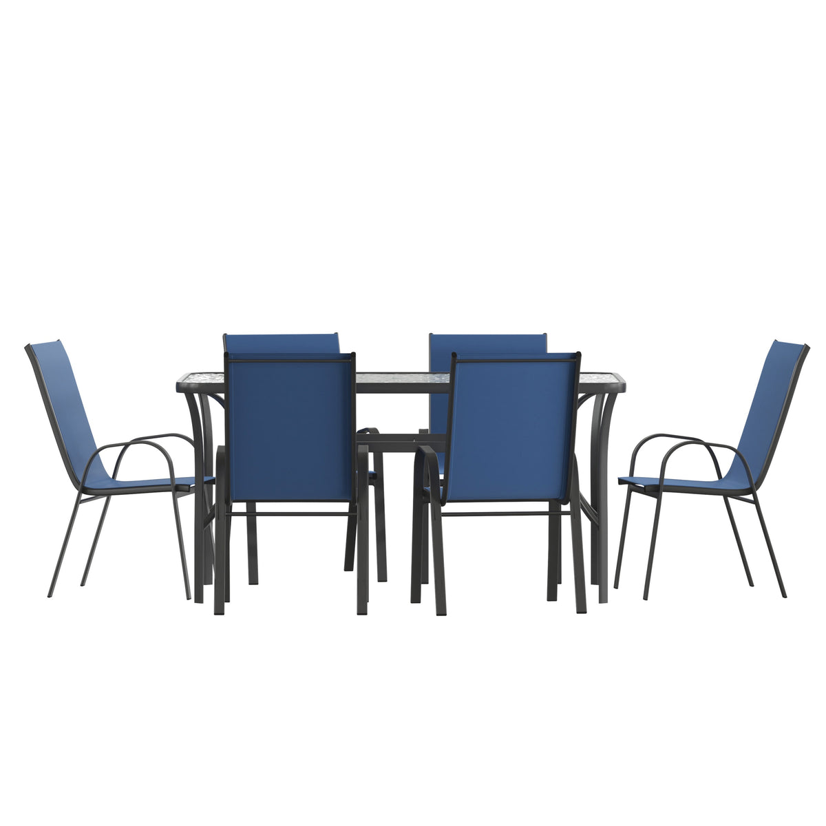 Navy |#| Commercial 7 Pc Outdoor Patio Dining Set with Glass Table and 6 Chairs - Navy