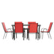 Red |#| Commercial 7 Pc Outdoor Patio Dining Set with Glass Table and 6 Chairs - Red