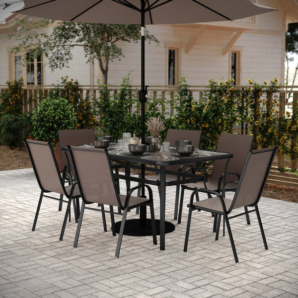 Brown |#| Commercial 7 Pc Outdoor Patio Dining Set with Glass Table and 6 Chairs - Brown