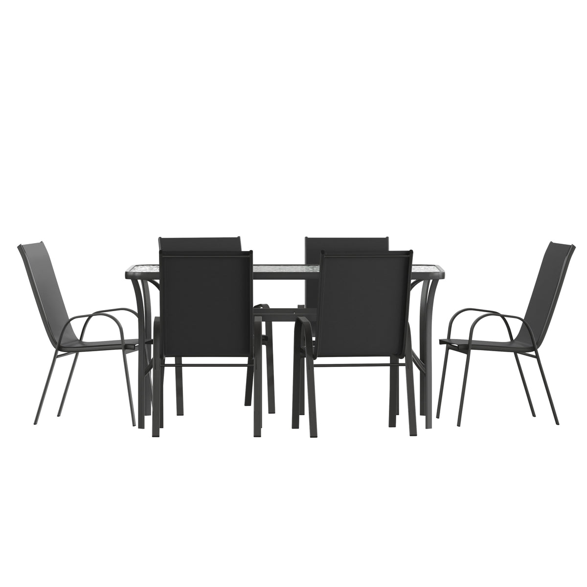 Black |#| Commercial 7 Pc Outdoor Patio Dining Set with Glass Table and 6 Chairs - Black