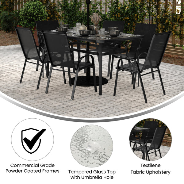 Black |#| Commercial 7 Pc Outdoor Patio Dining Set with Glass Table and 6 Chairs - Black