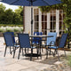 Navy |#| 7 Piece Patio Dining Set - 55" Glass Patio Table, 6 Navy Flex Stack Chairs