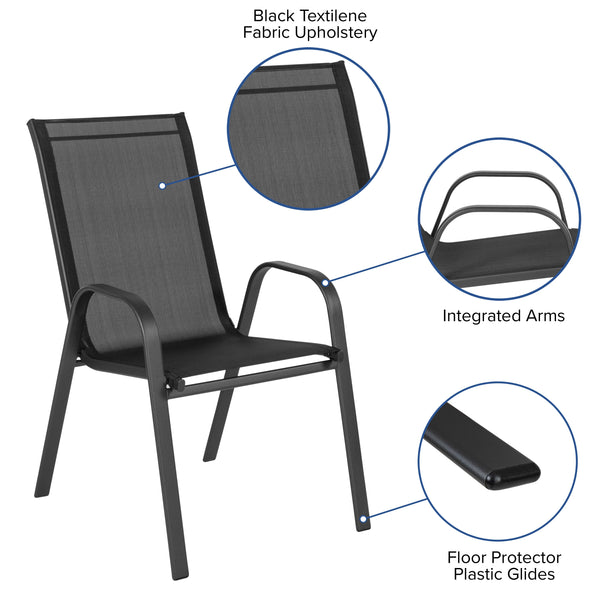 Black |#| 7 Piece Patio Dining Set - 55" Glass Patio Table, 6 Black Flex Stack Chairs