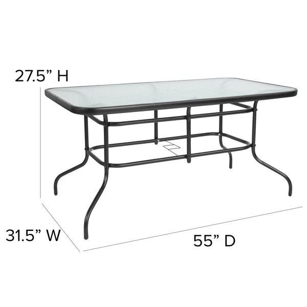 Black |#| 7 Piece Patio Dining Set - 55" Glass Patio Table, 6 Black Flex Stack Chairs