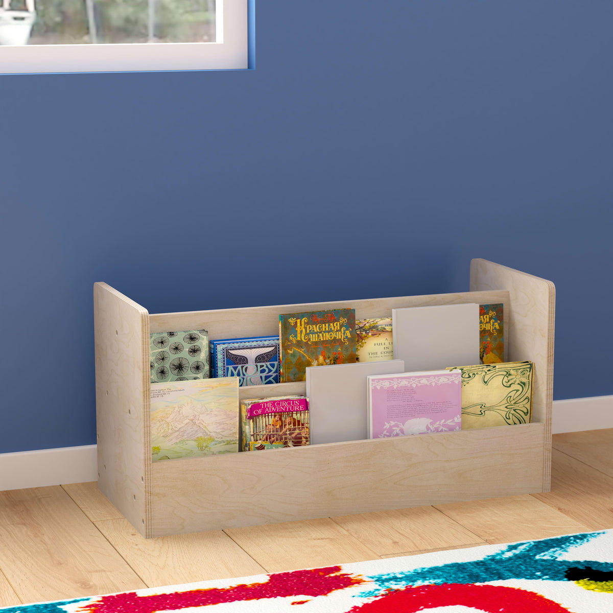 Commercial Grade Natural Wooden 2 Tier Double Classroom Bookstand Display Shelf
