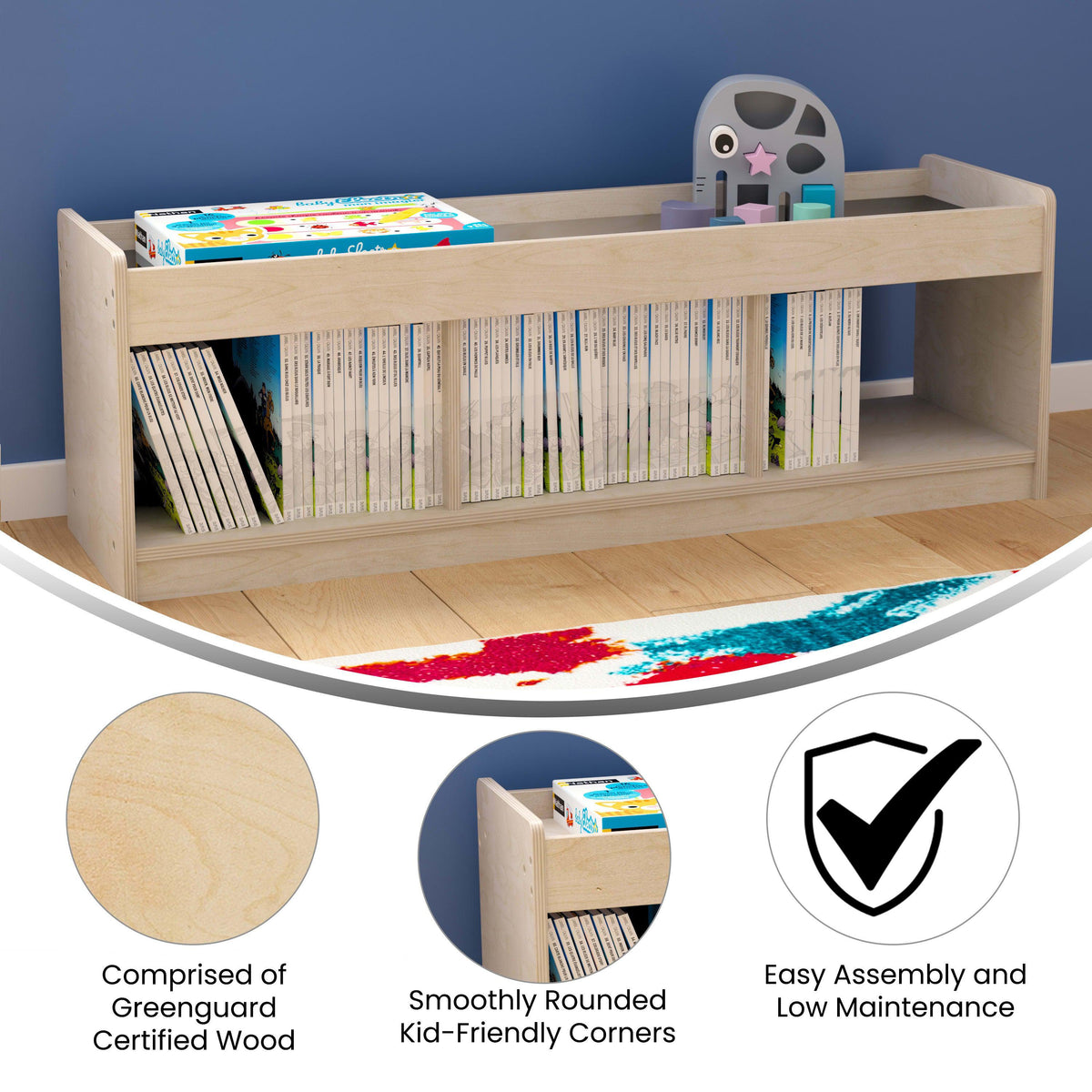 Commercial Grade Natural Wooden 3 Section Classroom Shelf Unit with Mirrored Top