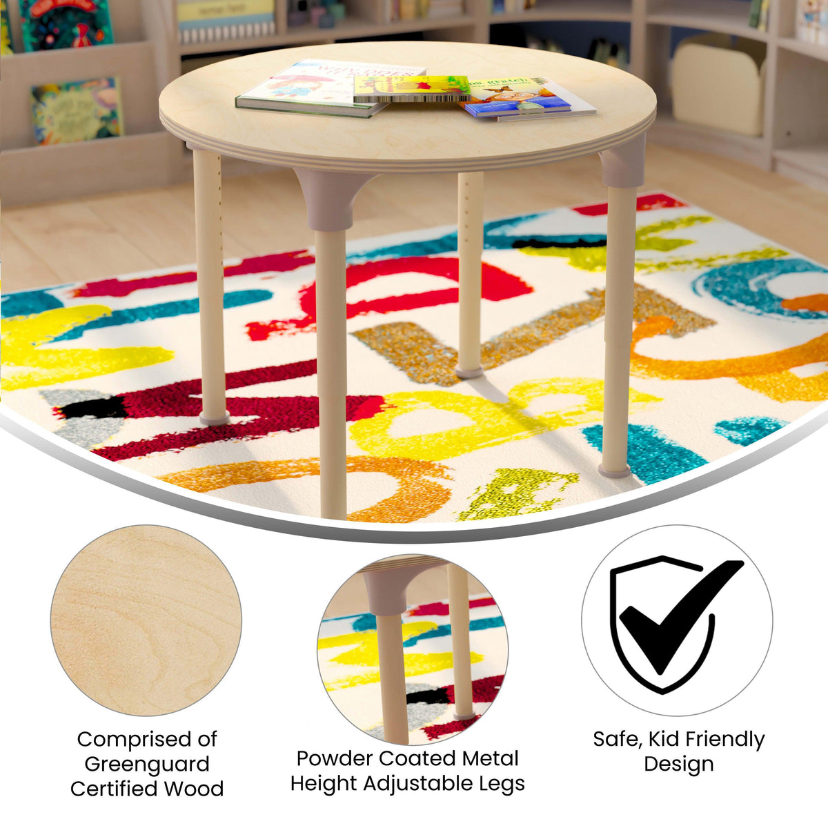Commercial Grade Adjustable Height Round Wooden Classroom Table - Beech