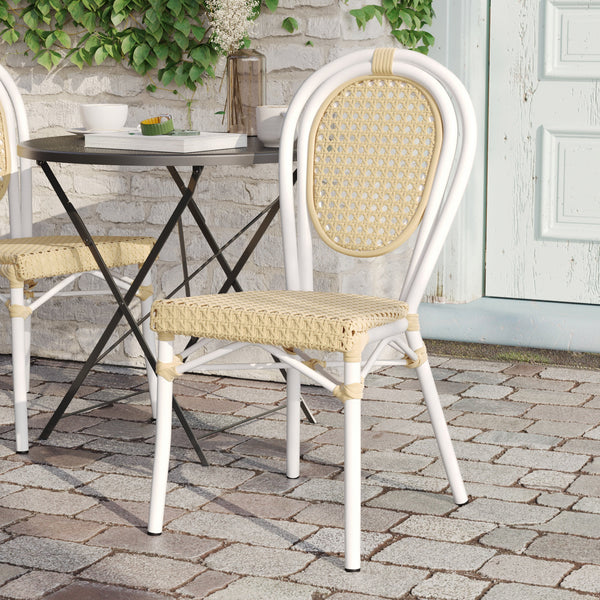 Natural/White Frame |#| All-Weather Commercial Paris Chair with White Metal Frame-Natural