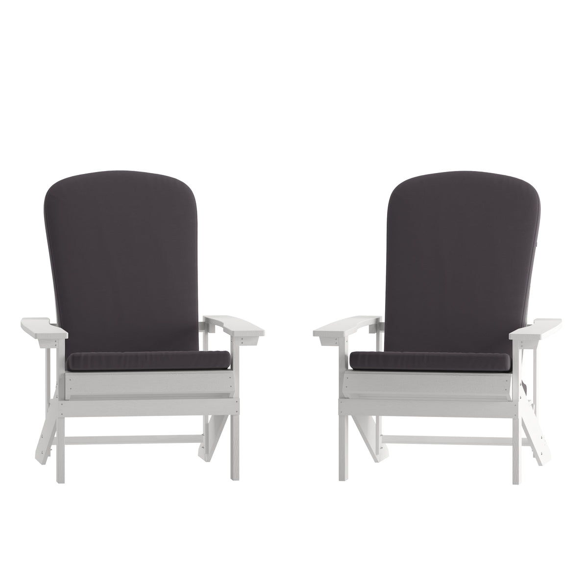 White/Gray |#| Indoor/Outdoor White Adirondack Chairs with Gray Cushions - Set of 2