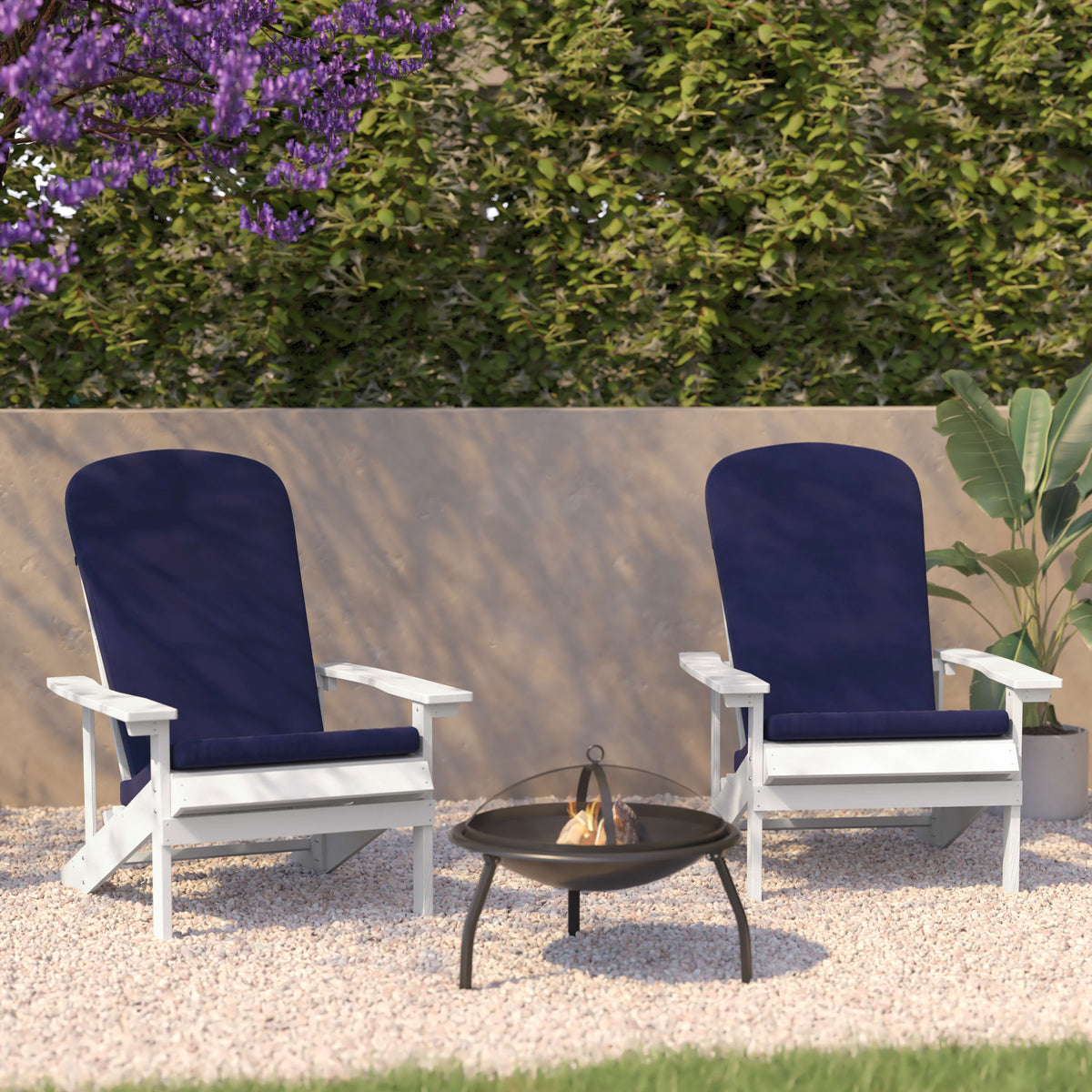 White/Blue |#| Indoor/Outdoor Green Adirondack Chairs with Blue Cushions - Set of 2