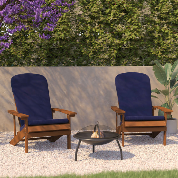 Teak/Blue |#| Indoor/Outdoor Teak Adirondack Chairs with Blue Cushions - Set of 2