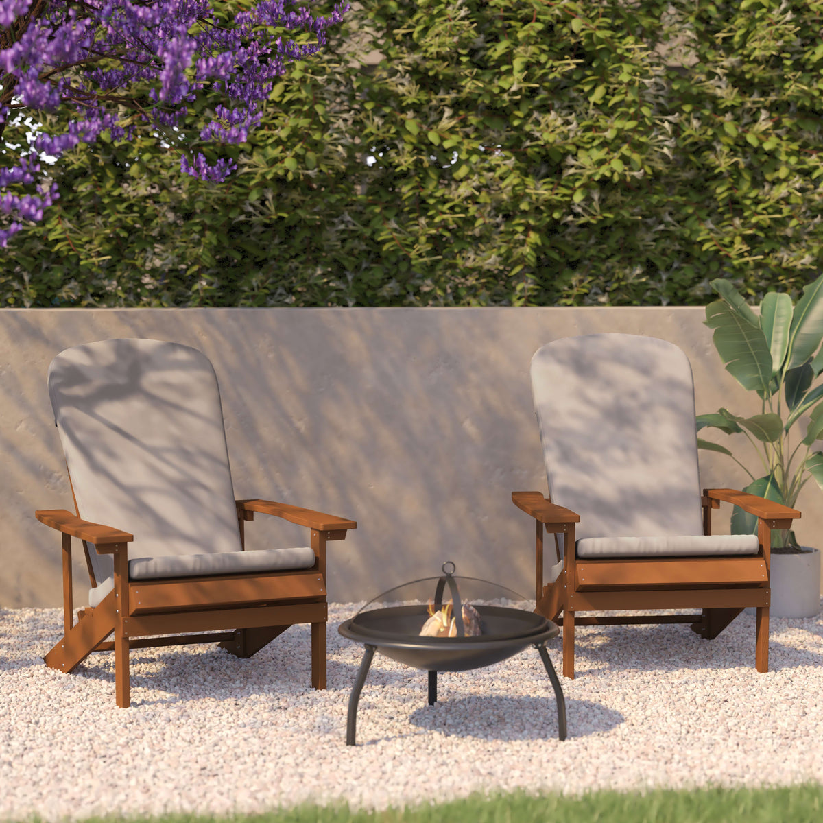 Teak/Cream |#| Indoor/Outdoor Teak Adirondack Chairs with Cream Cushions - Set of 2