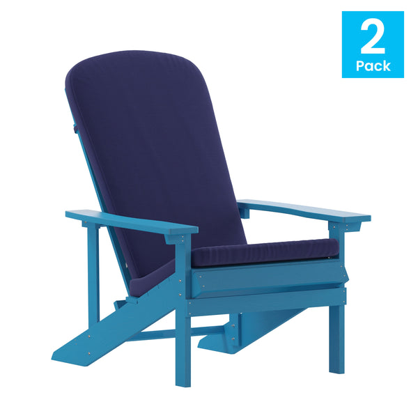Blue |#| Indoor/Outdoor Blue Adirondack Chairs with Blue Cushions - Set of 2
