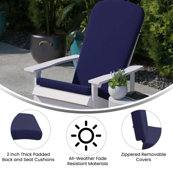 White/Blue |#| Indoor/Outdoor Green Adirondack Chairs with Blue Cushions - Set of 2