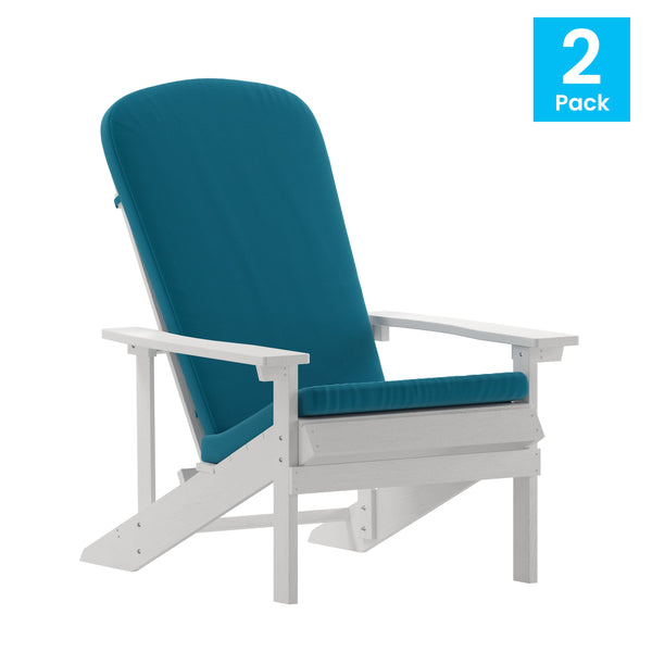 White/Teal |#| Indoor/Outdoor White Adirondack Chairs with Teal Cushions - Set of 2