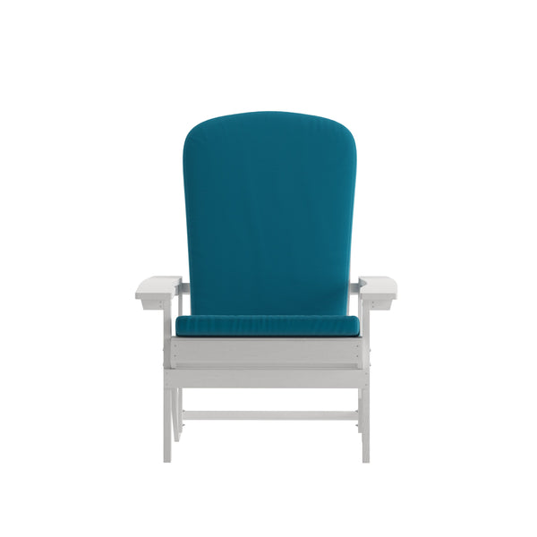 White/Teal |#| Indoor/Outdoor White Adirondack Chairs with Teal Cushions - Set of 2