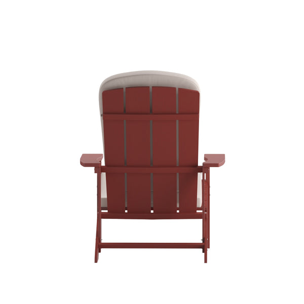 Red/Cream |#| Indoor/Outdoor Red Adirondack Chairs with Cream Cushions - Set of 2