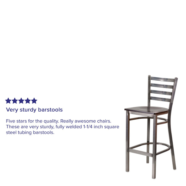 Walnut Wood Seat/Clear Coated Metal Frame |#| Clear Coated Ladder Back Metal Restaurant Barstool - Walnut Wood Seat