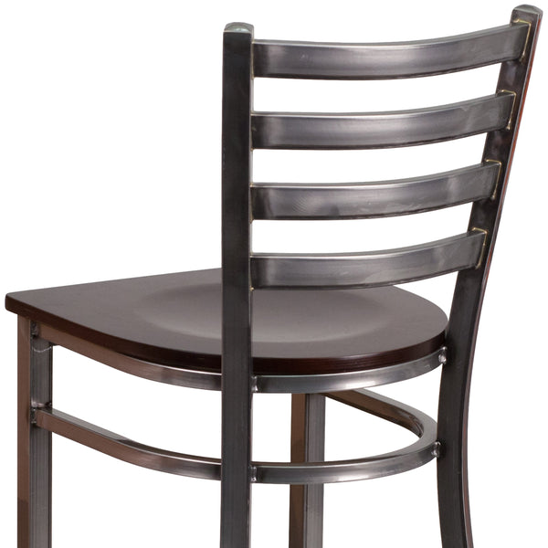 Walnut Wood Seat/Clear Coated Metal Frame |#| Clear Coated Ladder Back Metal Restaurant Barstool - Walnut Wood Seat