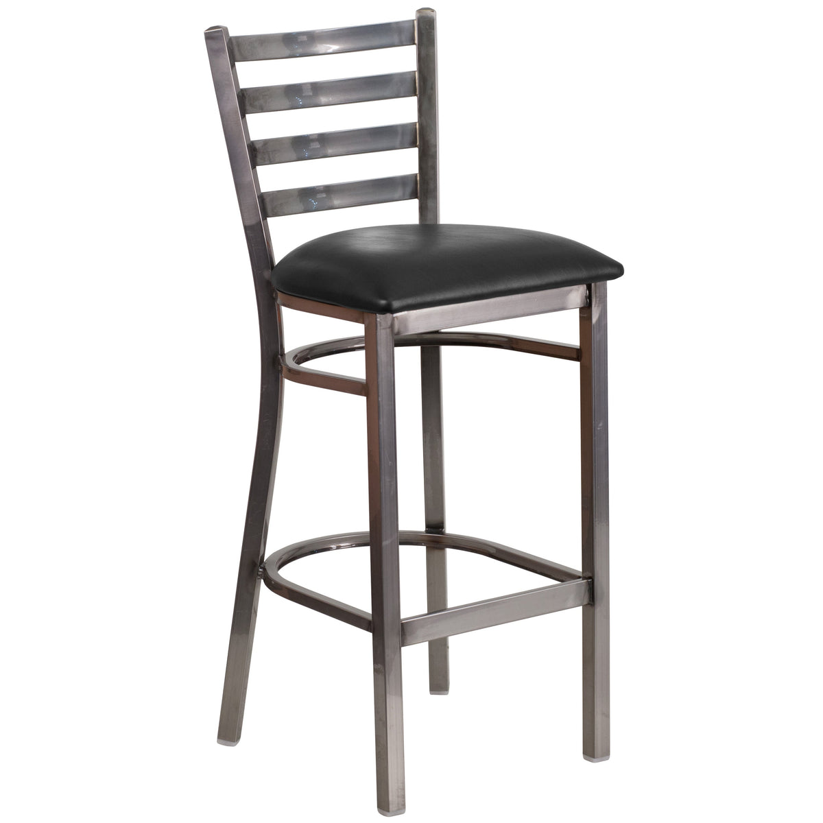 Black Vinyl Seat/Clear Coated Metal Frame |#| Clear Coated Ladder Back Metal Restaurant Barstool - Black Vinyl Seat