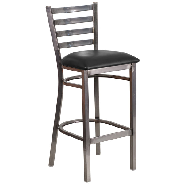 Black Vinyl Seat/Clear Coated Metal Frame |#| Clear Coated Ladder Back Metal Restaurant Barstool - Black Vinyl Seat