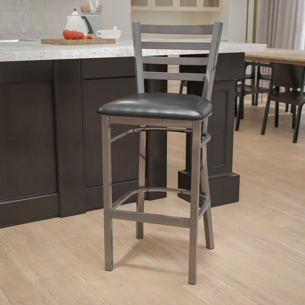 Black Vinyl Seat/Clear Coated Metal Frame |#| Clear Coated Ladder Back Metal Restaurant Barstool - Black Vinyl Seat